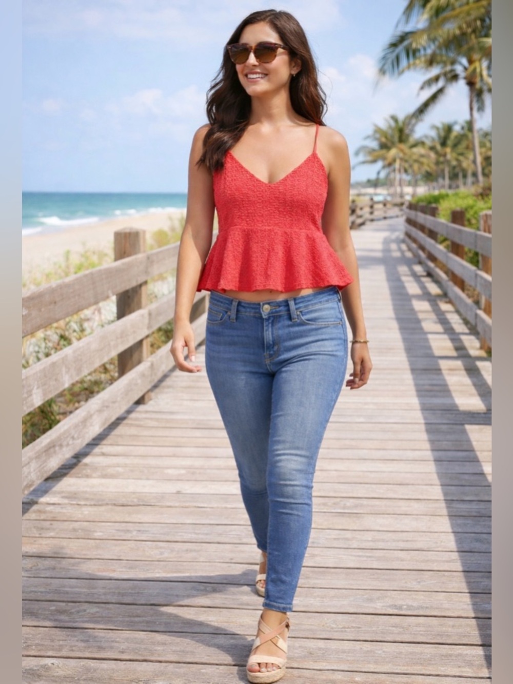 Coral Lace Peplum Top with Adjustable Straps